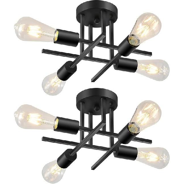 EGM 4-Light Modern Sputnik Chandelier, Mid Century Ceiling Light Fixture, Black Semi Flush Mount Ceiling Lights for Dining Room Bedroom Foyer Hallway