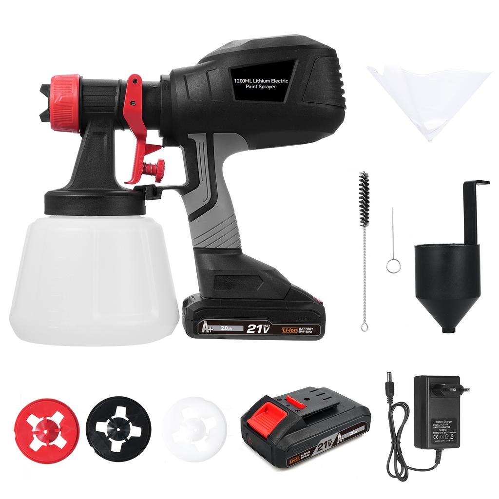 Electric Paint Sprayer with 2Pcs 21V 2.0Ah Batteries Spraying Machine with 4 Nozzle & 3 Spray