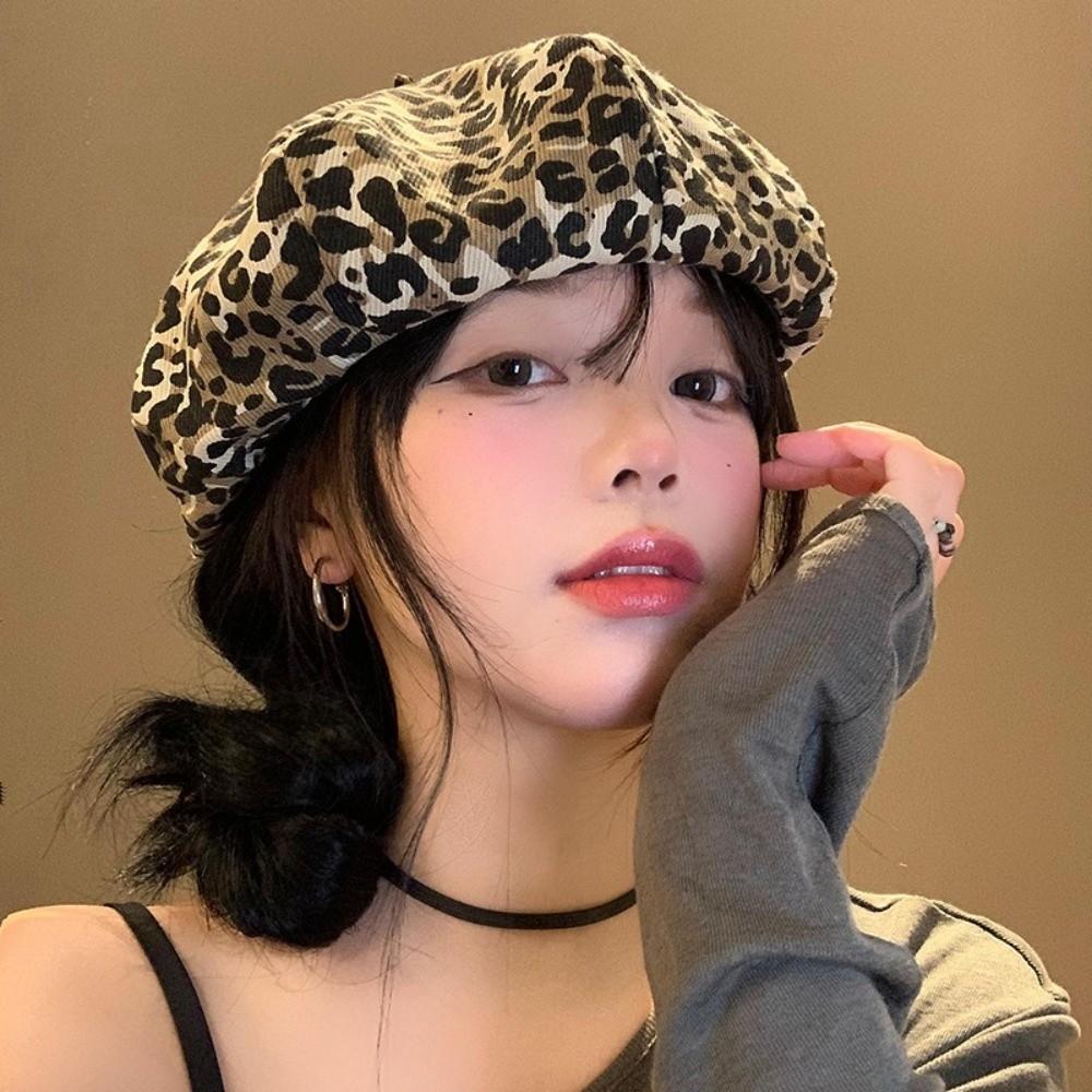 Classic Leopard Print Beret Y2K Painter Hat Cool Octagonal Cap  Women