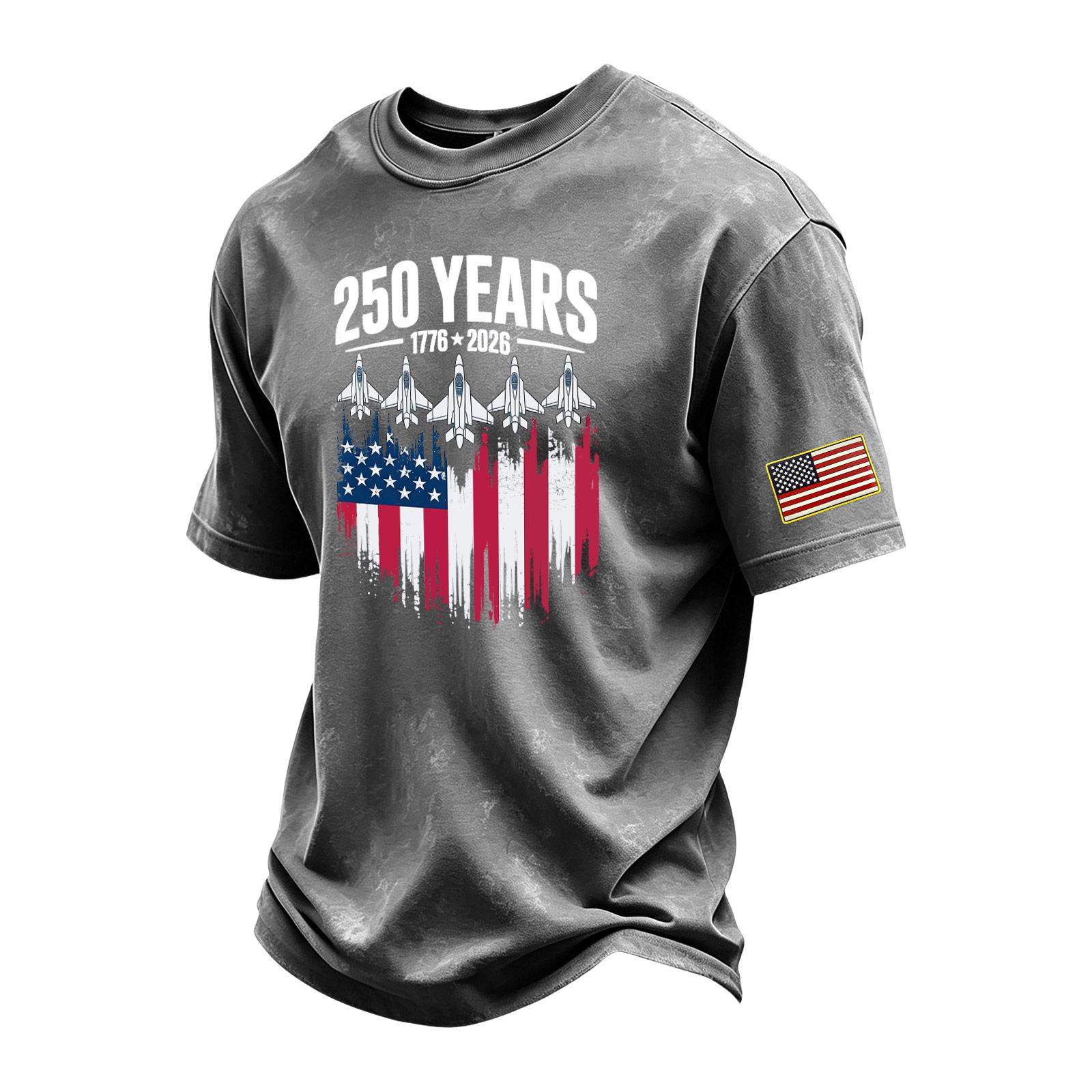 

Men’s Vintage Crew Neck Short Sleeve T Shirt with 250 Years Graphic Print and Flag Patch Comfortable Regular Fit Top L