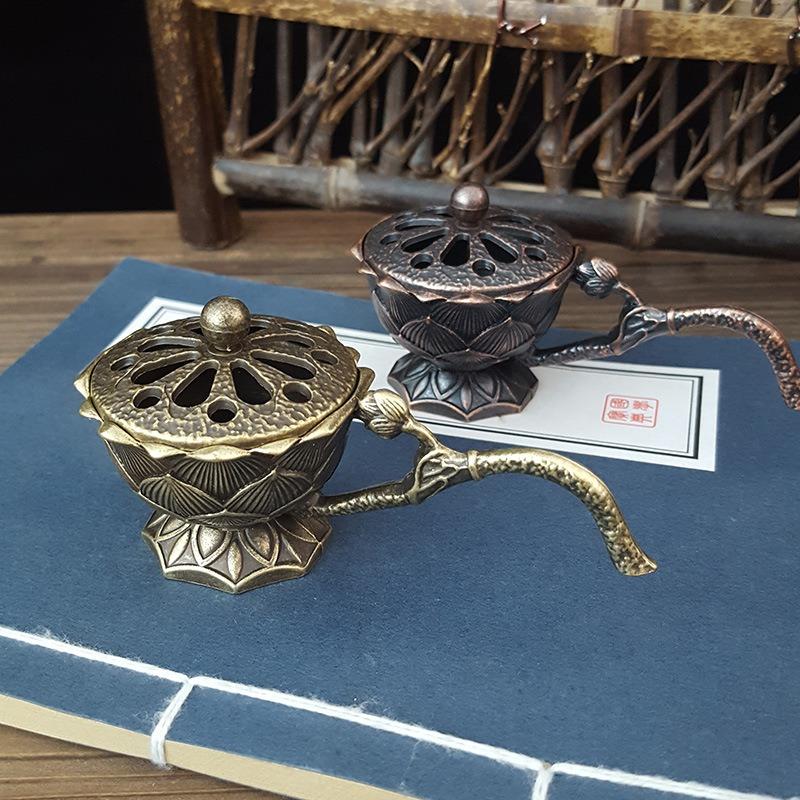 Creative Lotus Incense Burner with Handle Retro Copper Lotus Hollow Out Incense Stick Burner Brass Craft Home Office Decoration