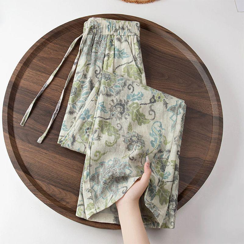 Drape Narrow Wide-leg Pants Summer Print Floral Fashion Versatile Outer Sweatpants Trendy Elastic Drawstring Waist Vintage Floral Wide Leg Pants M