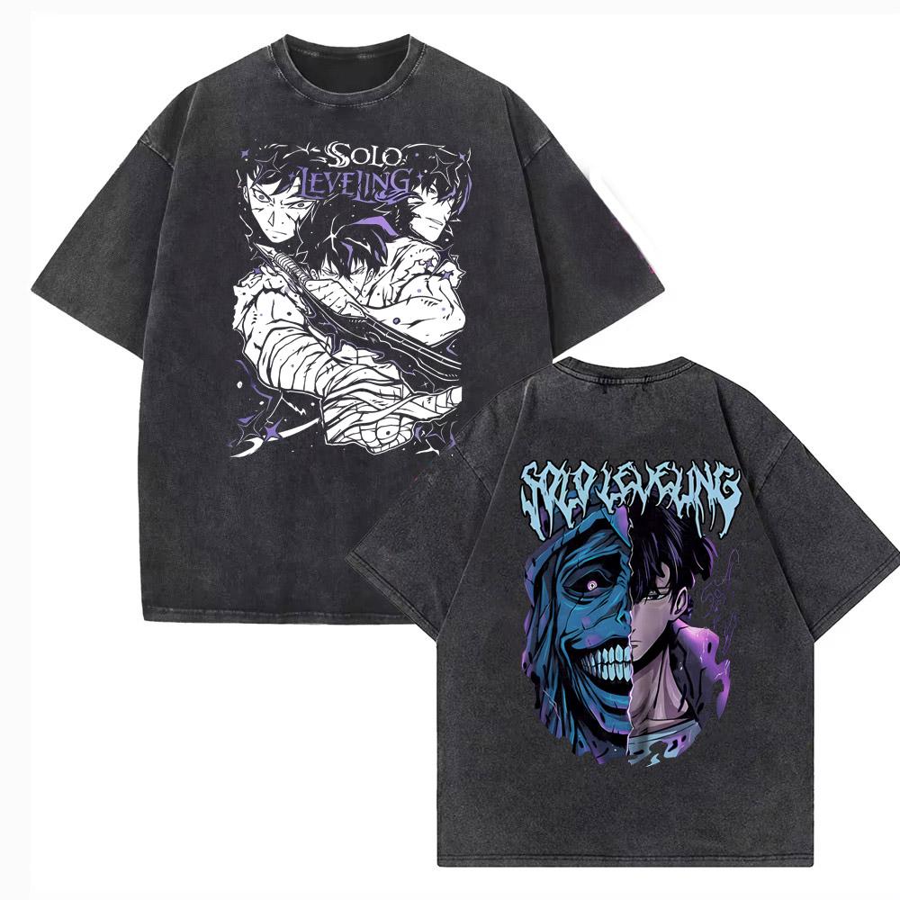 Vintage Washed Japanese Anime Solo Leveling T Shirt Men Sung Jinwoo Cartoon Harajuku Short Sleeve High Quality Cotton Tshirt