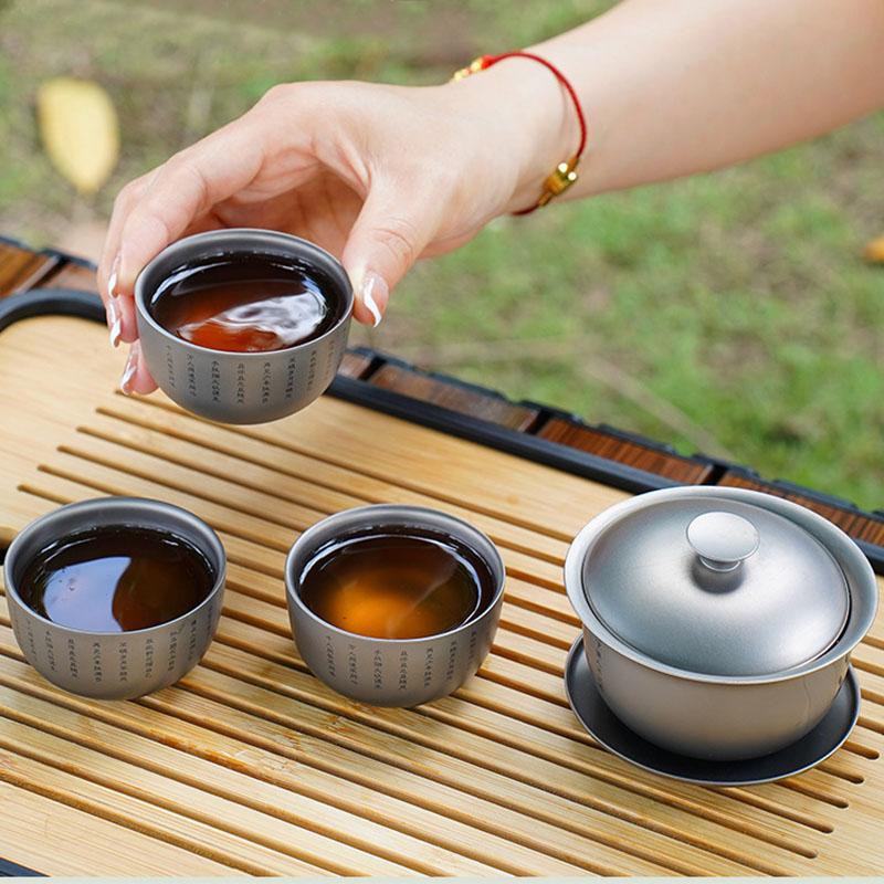 120ml Pure Titanium Sancai Gaiwan Set With 3 Tea Cups,Double-layer,Heat Insulation,Anti-scalding,Premium Gift,Outdoor Tea Set