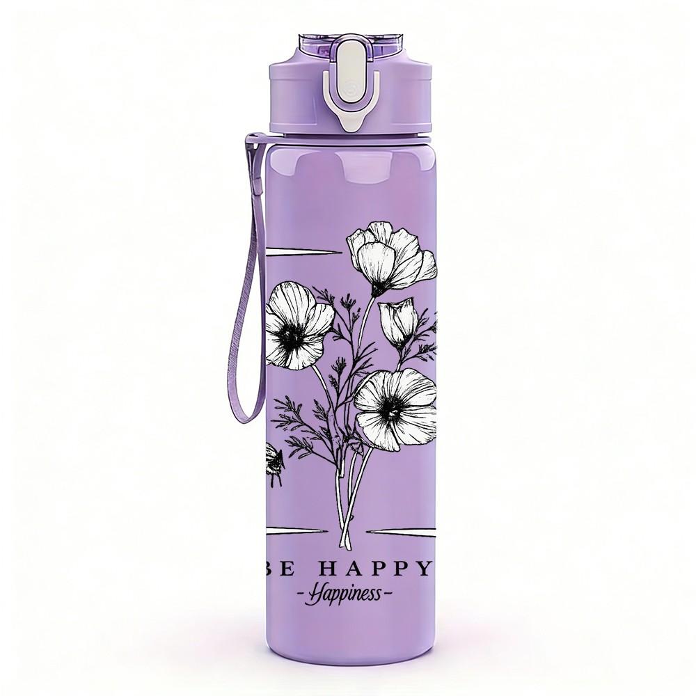 1PC Simple Line Drawing Daisy Flower Print 750ml Color Plastic Sports Water Bottle Leakproof Flip Straw Lid Suitable for Sports Office Home Use