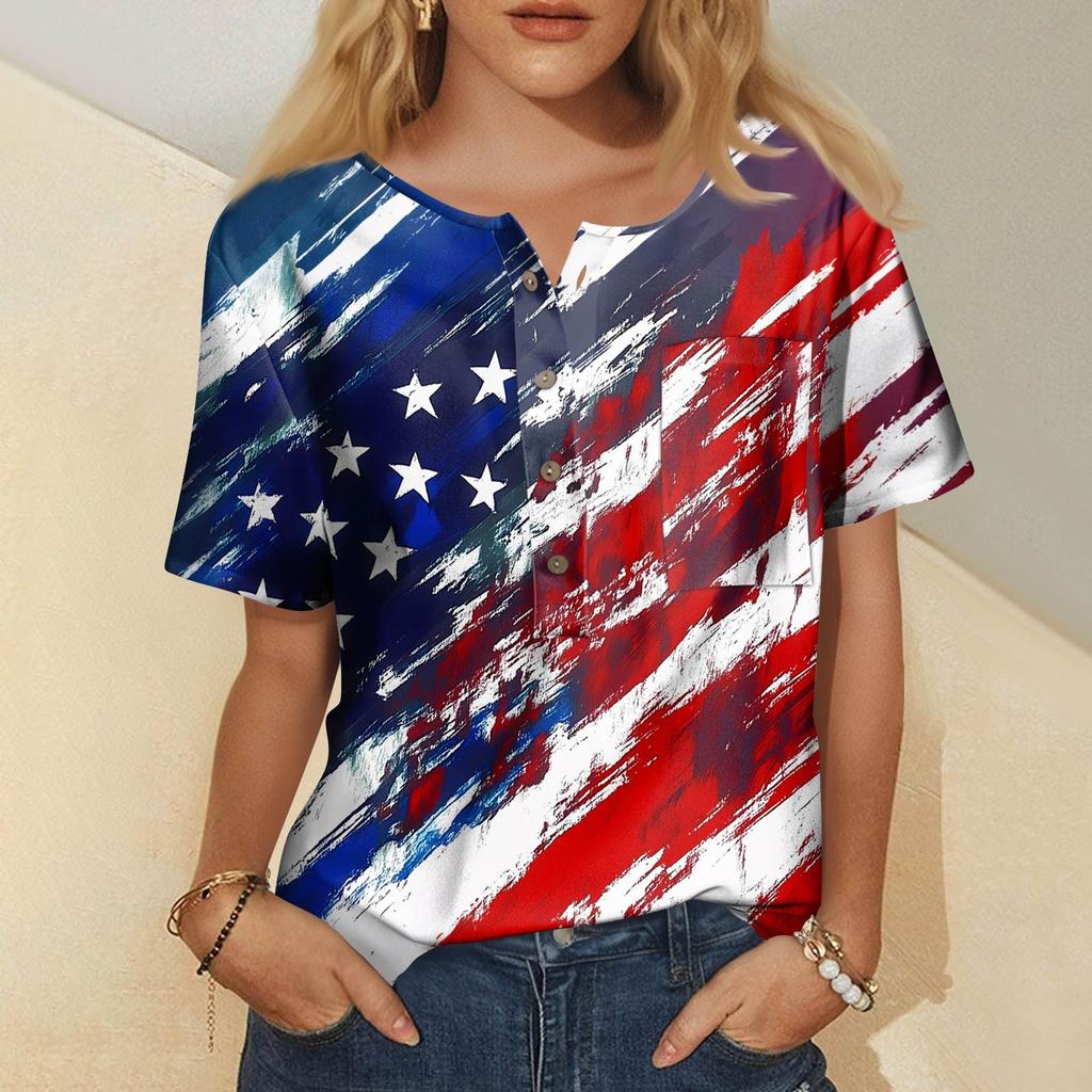 Women's Fashion Casual Short Sleeve Print Round Neck Pullover Top Blouse