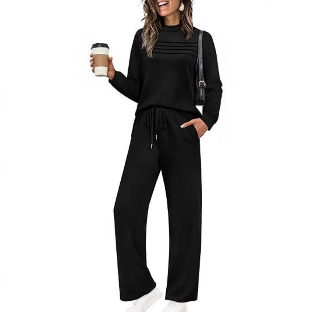 Ensemble de détente ample pour femme Sweatshirt rayé à manches longues et col rond Pantalon large à cordon de serrage