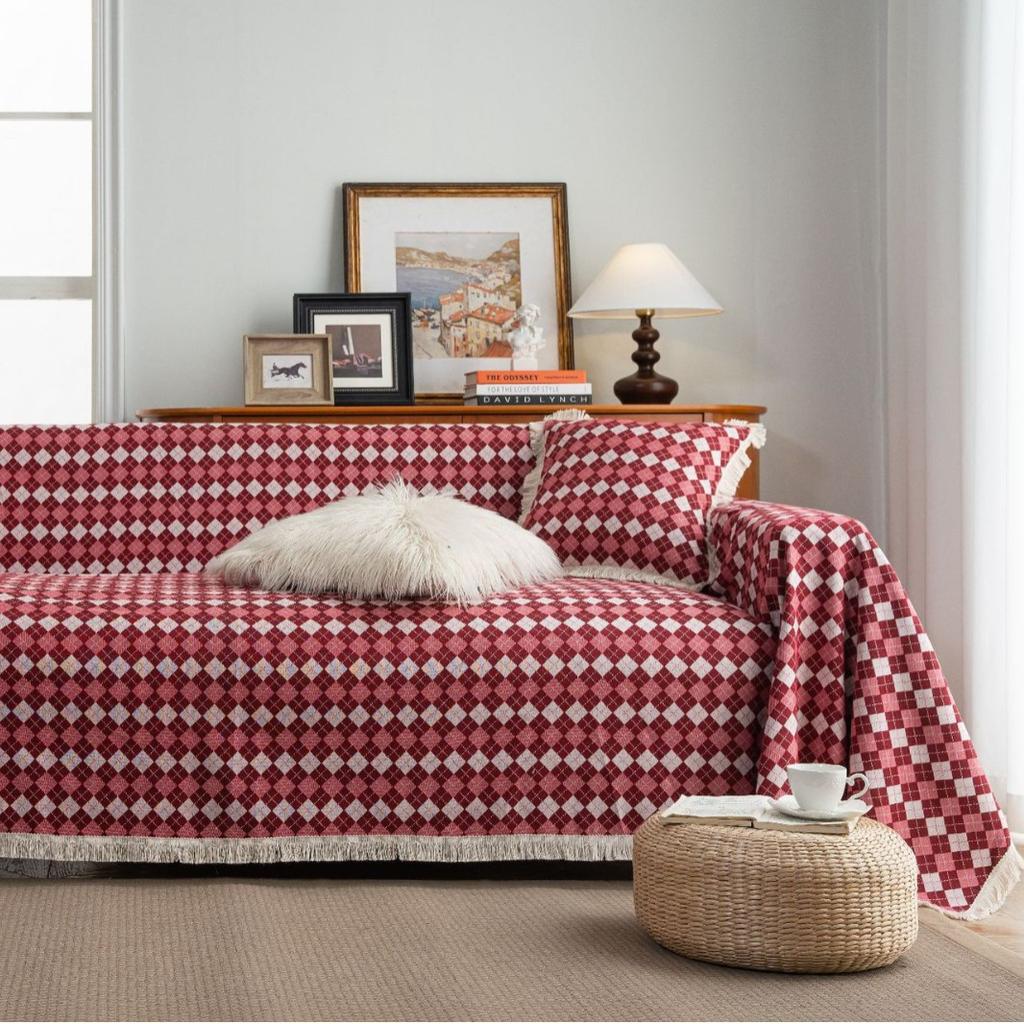 Sofa Towel Anti-cat Scratch Jacquard Red Plaid Festive Holiday Thick Sofa Blanket Sofa Cover