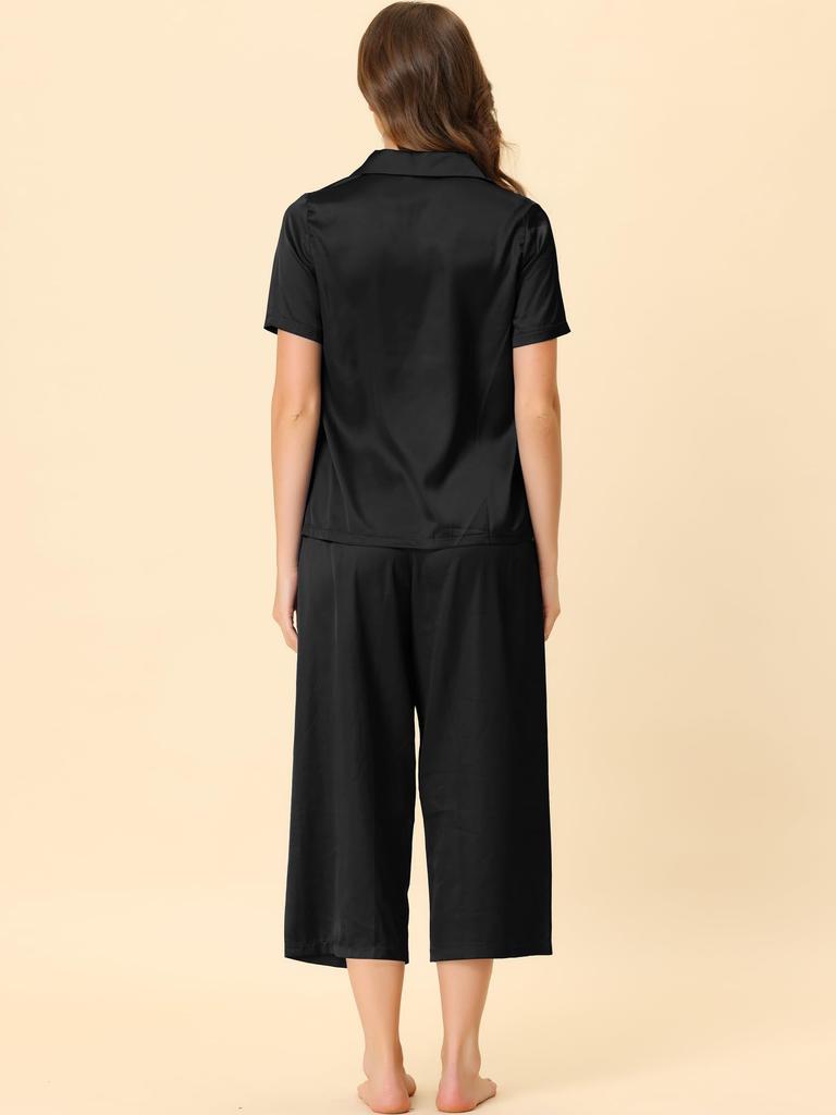 Cheibear Pajama Short Sleeve Solid Satin Top and Capri Size S Women's Set, Pants, Black,