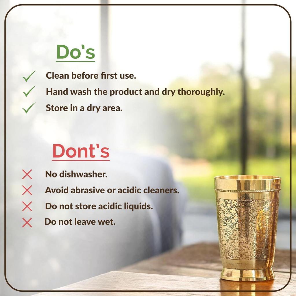 Pure Brass Glass Tumbler with Embossed Design, for Drinking Serving Water, Yoga & Ayurveda, Volume-270 ML, 1 Piece