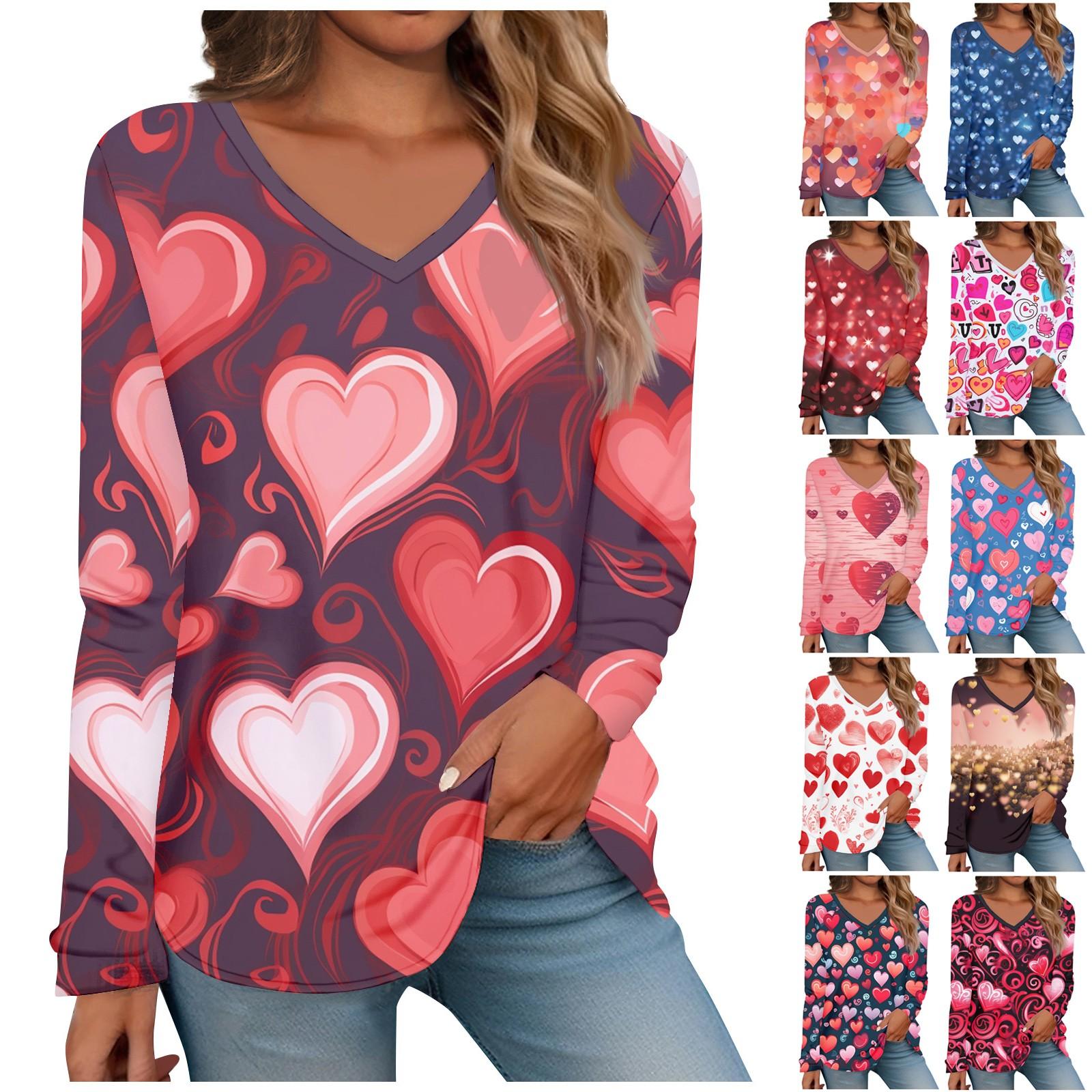 

Women s Fashion Casual Long Sleeve Valentine s Day Print V-Neck Pullover Top