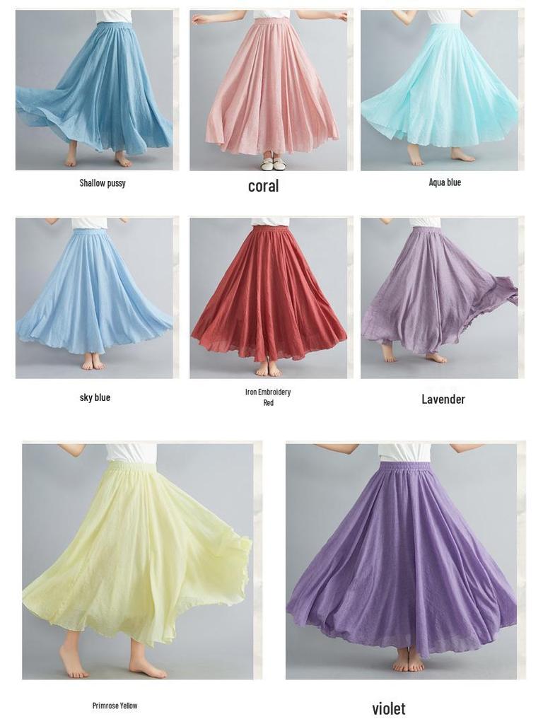 2024 Japan & Korea Loose Cotton-Linen Elastic Waist Midi Skirt – Solid Color A-line Swing Skirt