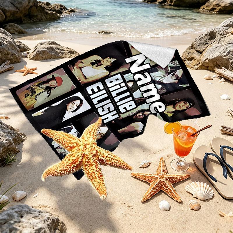 Custom Name Personalized Billie Eilish Print Beach Towel, for Trip Camping Beach Party Home Decor, Birthday Gift for Family & Friends