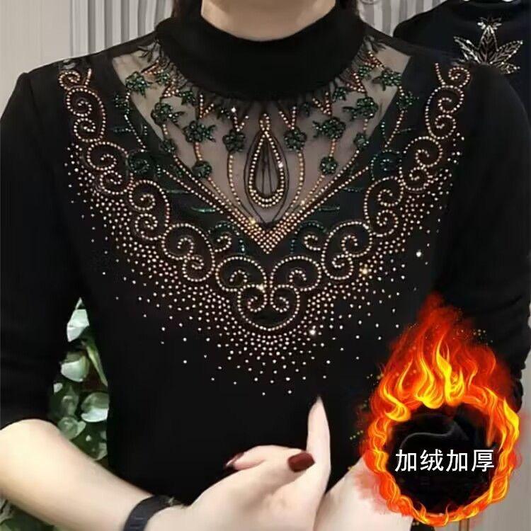 

Middle-aged semi-turtleneck lace stitching mesh long-sleeved bottoming shirt women s autumn and winter velvet inner top M чёрный