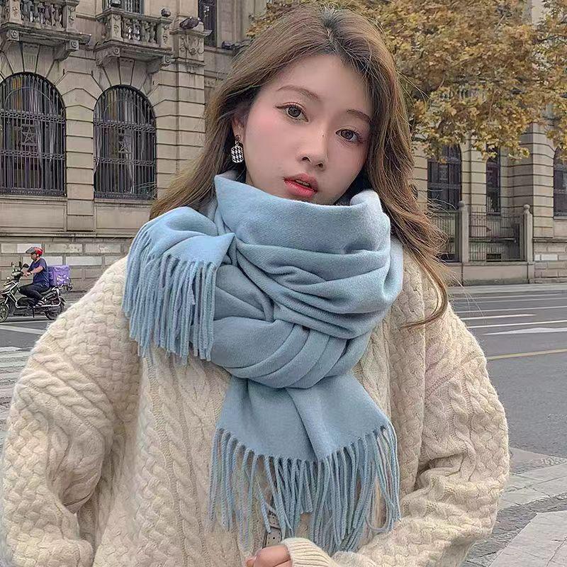 Dámská zahuštěná jednobarevná dlouhá šála - Počesaný imitovaný kašmír, nežmolkující šál s třásněmi na podzim a zimu