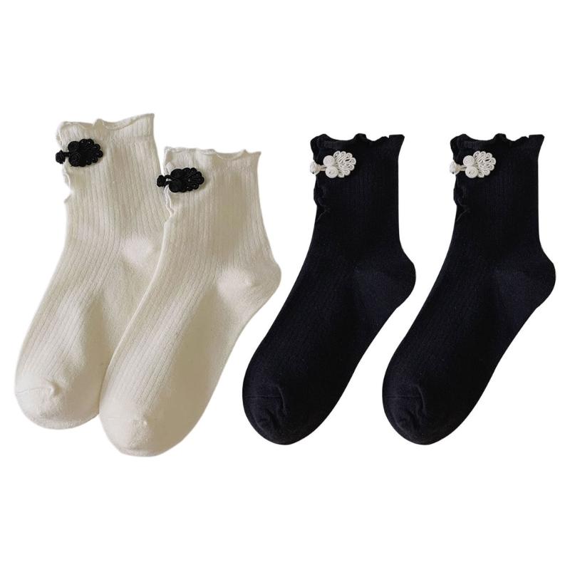Women Crew Socks Ruffle Ankle Socks Japanese Style Sweet Bows Socks Frilly Cheongsam Knee High Socks Y2K Streetwear