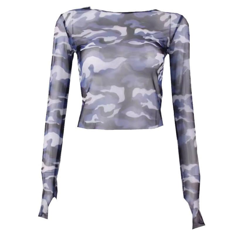 European and American mesh versatile top women's clothing autumn new sexy camouflage long-sleeved slim-fit t-shirt