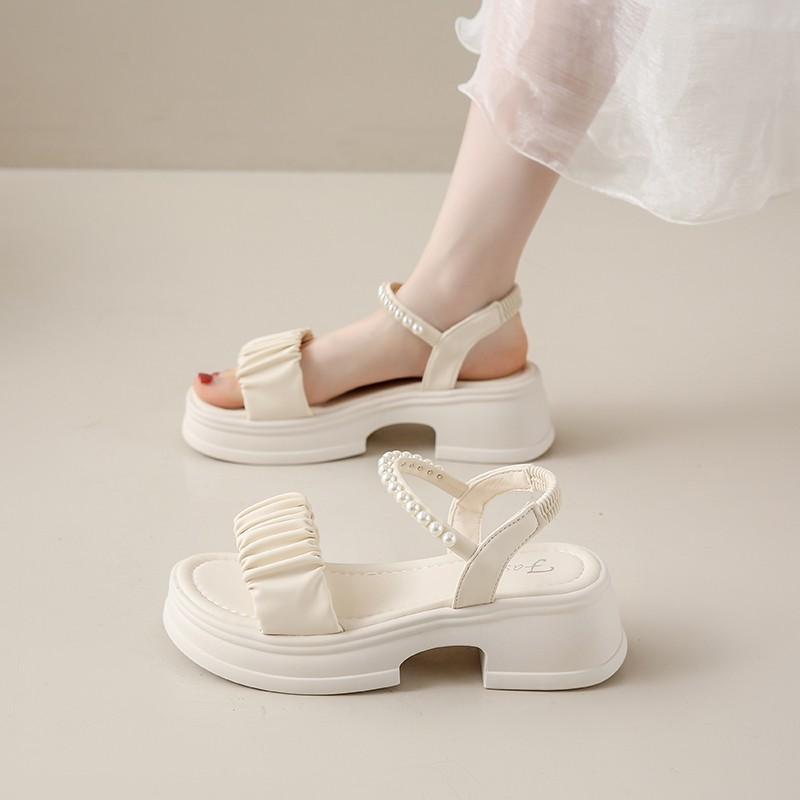 Fashion Summer New Women's Sandals: Open Toe with Pearl Button Strap, Thick Sole Waterproof Platform Shoes2025