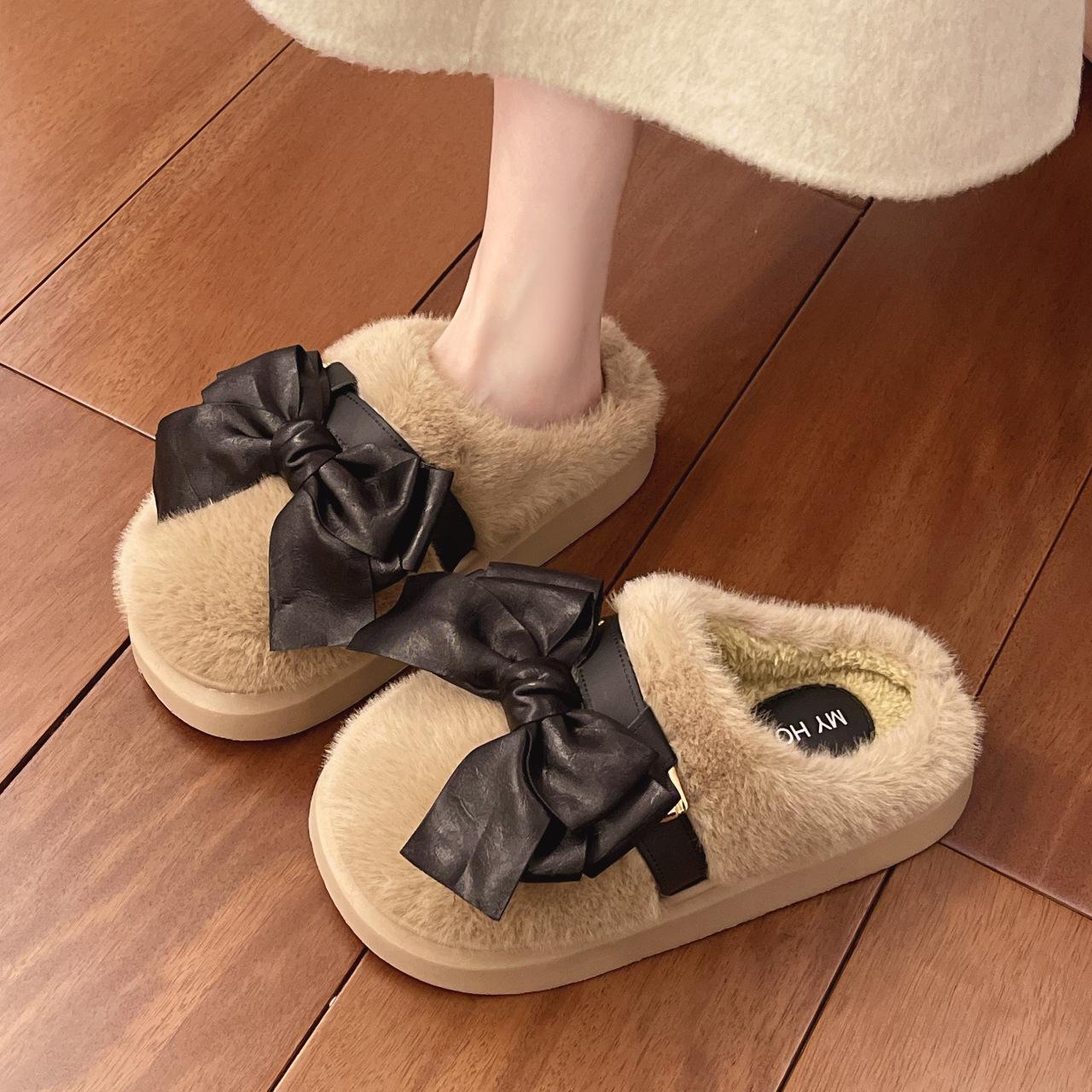 

Fairy wind bow slippers female 2025 autumn and winter fashion girl heart indoor warm ins plush cotton slippers 41 хаки
