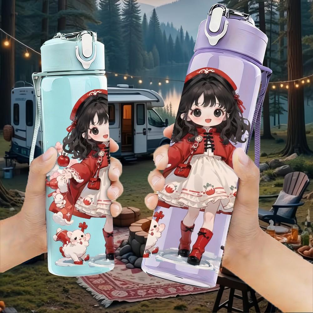 1PC Red Cloak Little Girl With Rose Pattern 750ml Color Plastic Sports Water Bottle Leakproof Flip Straw Lid Suitable for Sports Office Home Use