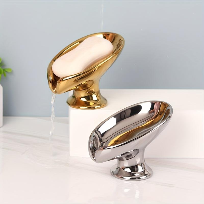 Suport Elegant pentru Săpun din Ceramică cu Frunze Aurii și Argintii, Design Oval cu Scurgere Automată pentru Organizarea Băii, Suport de Depozitare în Formă de Frunză cu Suprafață Texturată