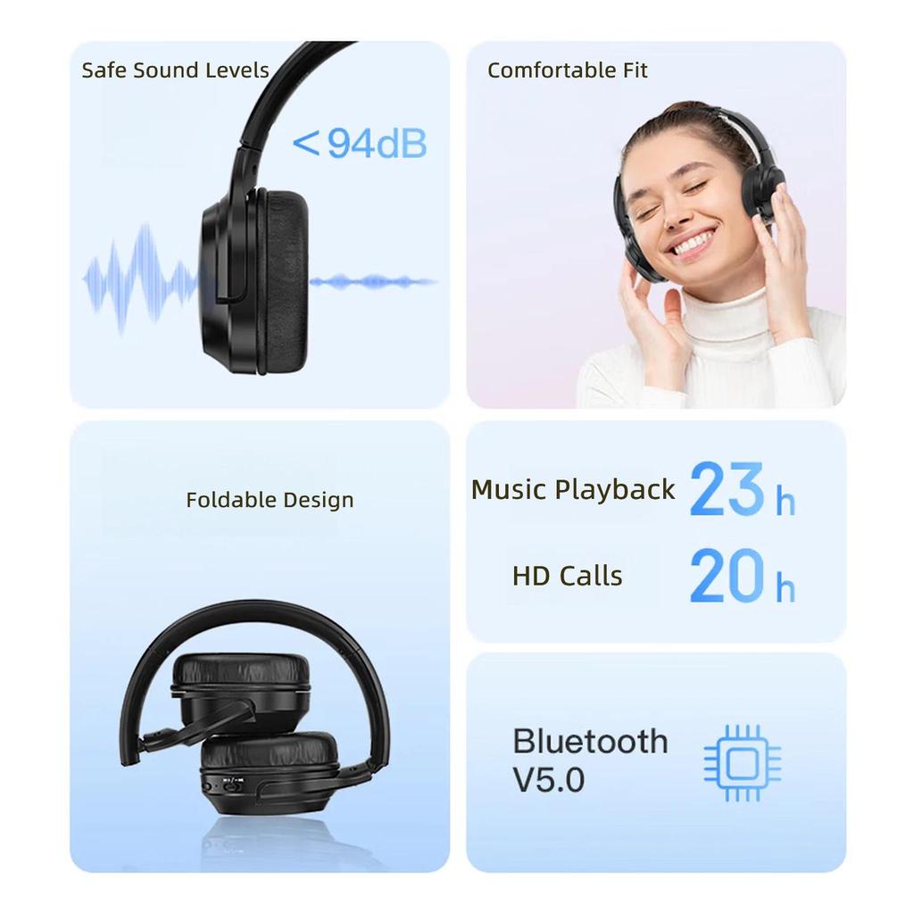 Newmine TB106 Headphones, Over-Ear Bluetooth Headphones, High-Quality Sound, Long Battery Life, Noise-Cancelling, Foldable, Pink