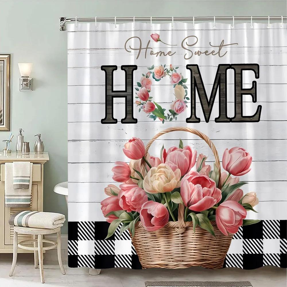Rustic Wooden Panel Floral Shower Curtain Hummingbird Sunflower Lavender Polyester Fabric Bath Curtain Bathroom Decor with Hooks