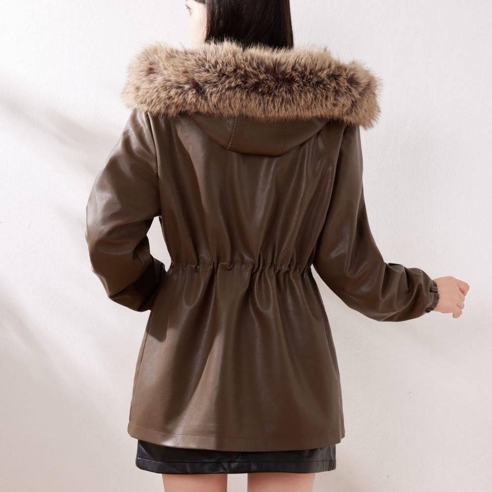 Autumn Winter Women's PU Leather Jacket Mid-length Fleece-lined Hooded Plus Size Leather Jacket with Fur Collar