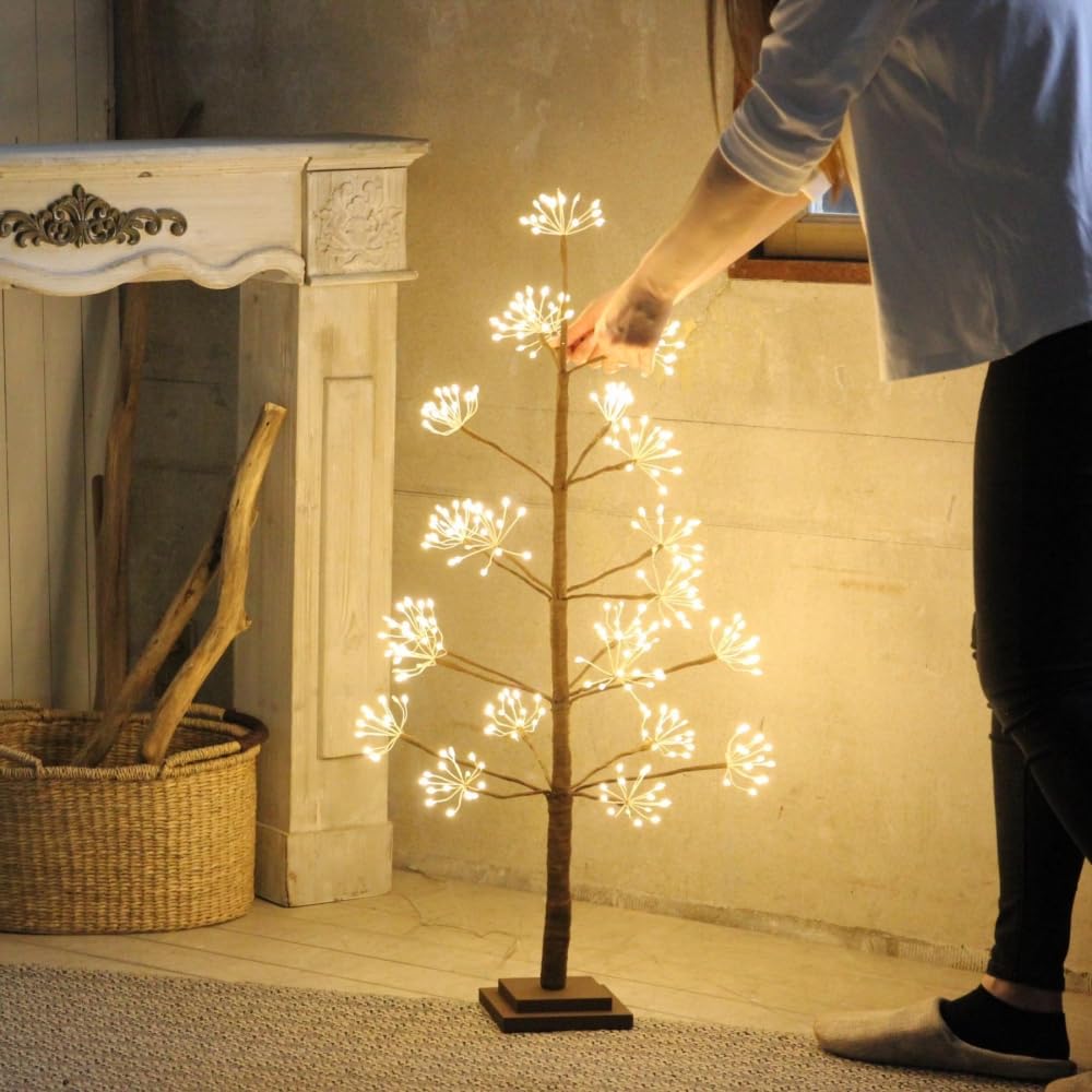 Wall-Mounted Revolution Christmas Tree with LED USB Lights, Glowing Ornament, Nordic Style, Natural Decoration (Blossom, 90cm/M Size)