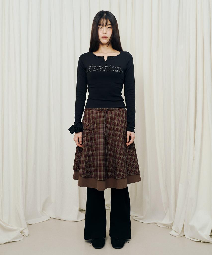 Mihebeu Check Pocket Midi Skirt Burgundy Brown