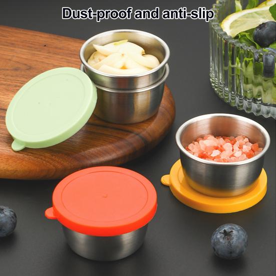 6Pcs Sauce Cups with Easy Open Colorful Lids Leak-Proof 40ml Salad Dressing Containers Stainless Steel Snack Cups