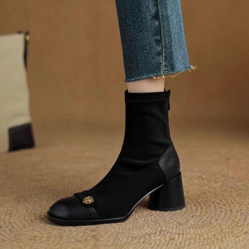 Camellia Suede Paneled High Heel Women Fall Winter 2025 New Block Heel Ankle Boots Vintage Booties