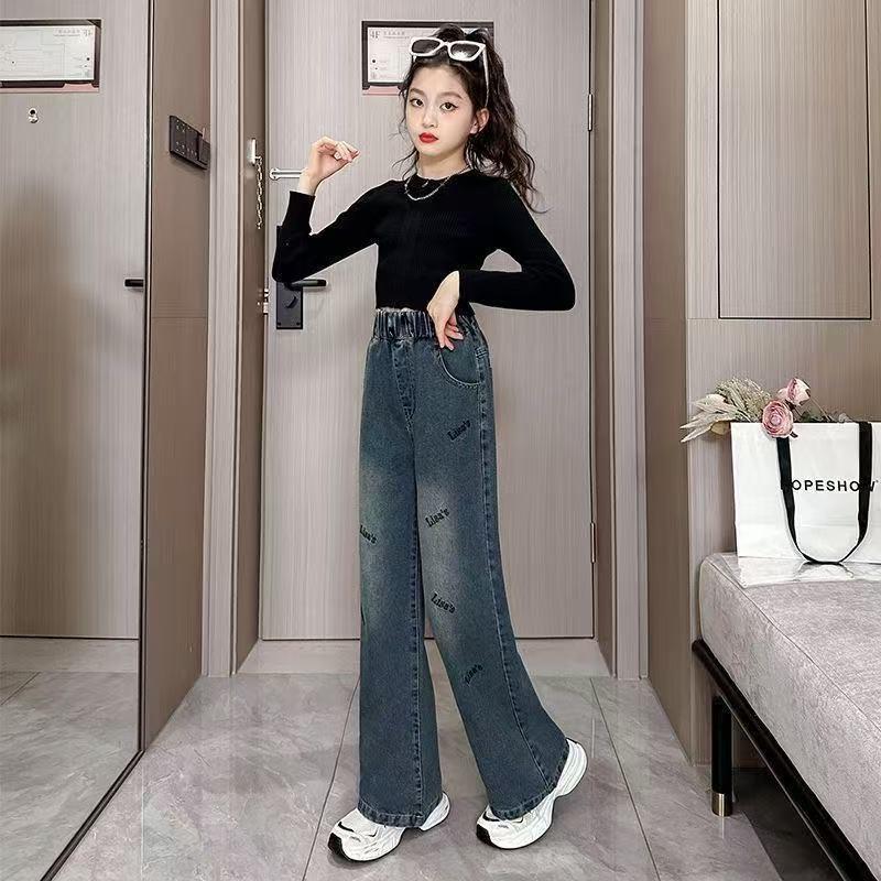 Girls' Loose Denim Wide-Leg Pants - Spring & Autumn Korean Style for Middle Schoolers
