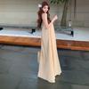 Apricot fungus edge halter neck dress women's summer loose off-the-shoulder a-word skirt gentle vacation style long dress