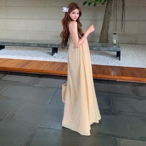Apricot fungus edge halter neck dress women's summer loose off-the-shoulder a-word skirt gentle vacation style long dress