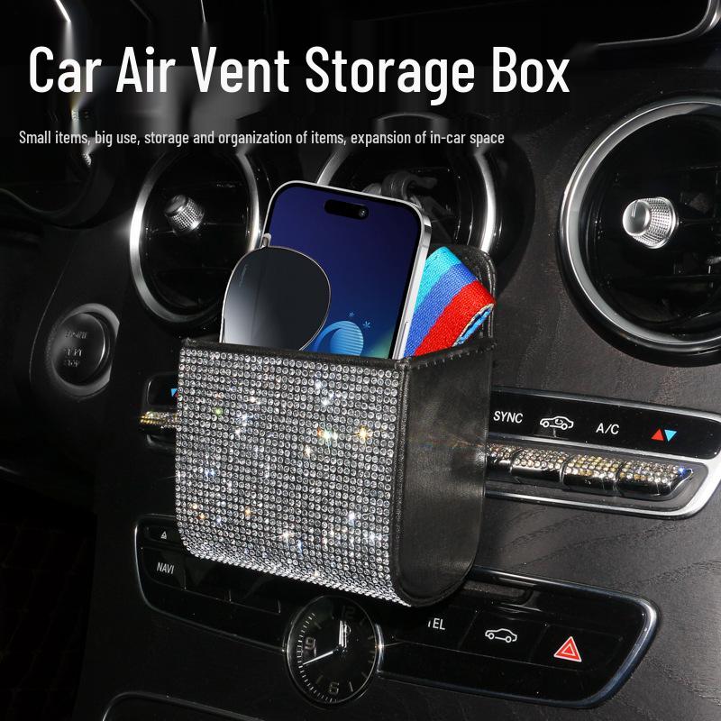

Rhinestone Leather Car Air Vent Organizer Bag - Multifunctional Lambskin Storage Box