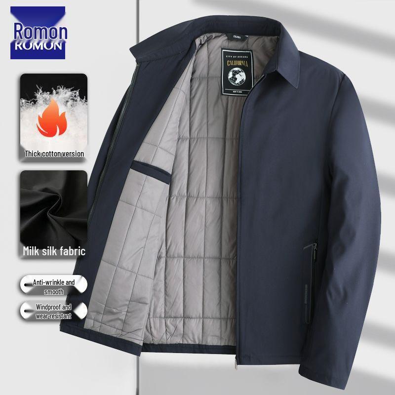 Romon Men's Quilted Turn-Down Collar Fleece-Lined Jacket - Autumn/Winter Style, Ideal for Middle-Aged and Elderly
