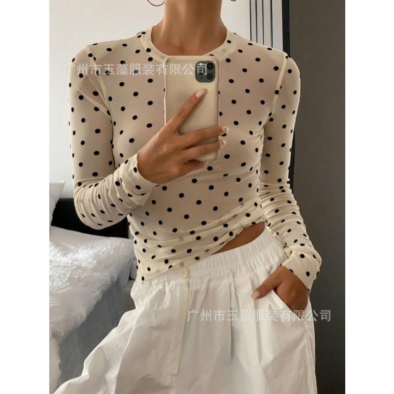 Fashion Long Sleeve Polka Dots Women Blouse Slim Fit Elegant Sweet Shirts Ladies Spring Autumn Thin Short Tops Basic Office O Neck Casual T-shirt