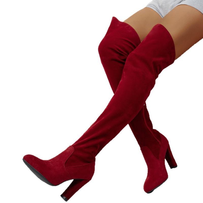 Große Größe dünne Absätze Overknee elastische dünne Stiefel für Damen neuer Herbst- und Wintertemperament runde Spitze hoher Absatz Mode Stiefel für Damen