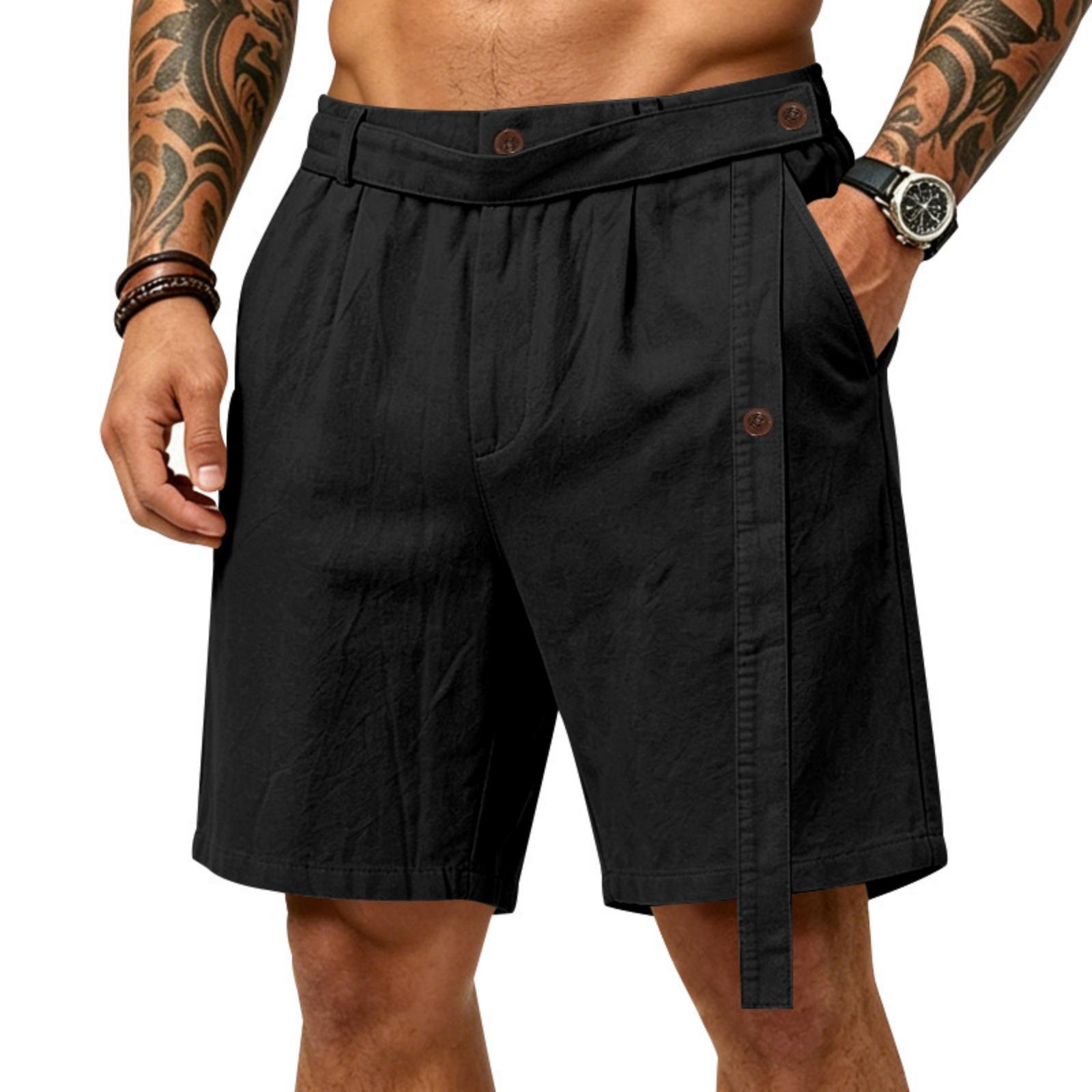 Men s Linen Casual Knee-Length Shorts with Asymmetrical Slant Belt and Elastic Waist XL