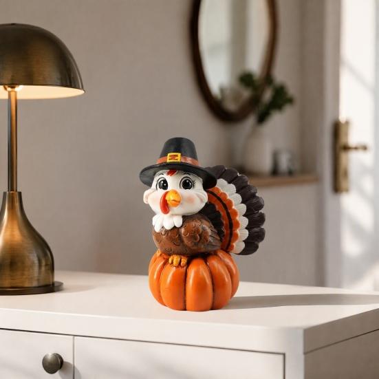 Holiday Gift for Friends And Family Resin Turkey Pumpkin Ornament Thanksgiving, Autumn Harvest Festive Tabletop Cute Statue Figurine with Retro