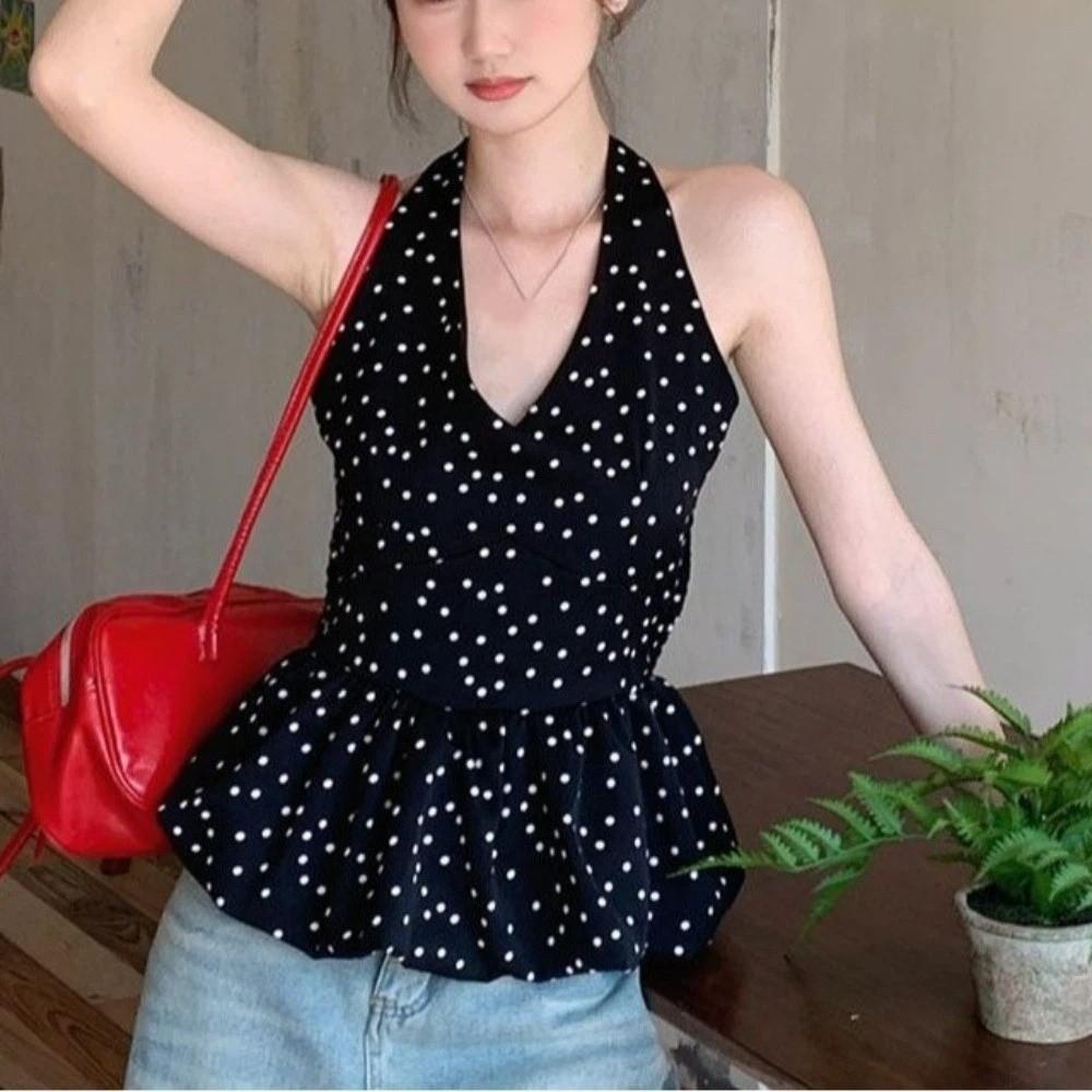 Y2k Halter Ruffle Vest Top Polka Dot Women Camisole Fashion Sleeveless Crop Top  Spring Summer