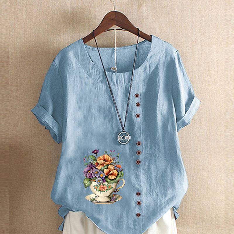 Women's Fashion Flower Prined Short Sleeve T-shirt Loose Cotton Shirt Casual Loose Summer Blouse Tops Plus Size