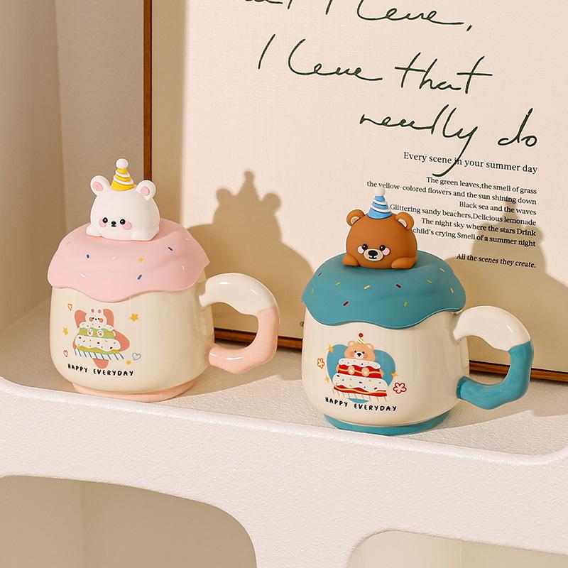 Birthday gift girls mug with lid ceramic cup high value drinking cup household cute coffee cup couple
