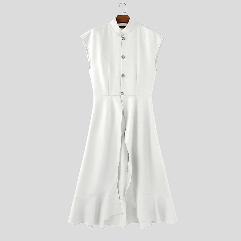 

INCERUN Мужские жилеты с воротником-стойкой, без рукавов, с разрезами, асимметричные, повседневные, плиссированные, длинные, приталенные S белый