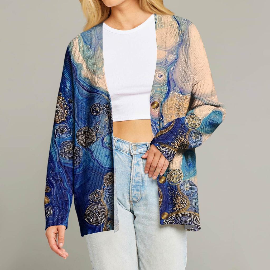 Dame Mote Langermet Juleprint V-Hals Knapper Løs Cardigan Topp