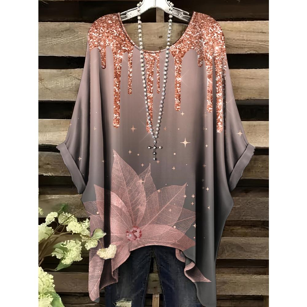 Haine de Vară Femei 2025 Albastru Marin și Alb cu Imprimeu Floral Elegant Versatil Design Decolteu Rotund Mânecă Scurtă Top Y2k pentru Femei