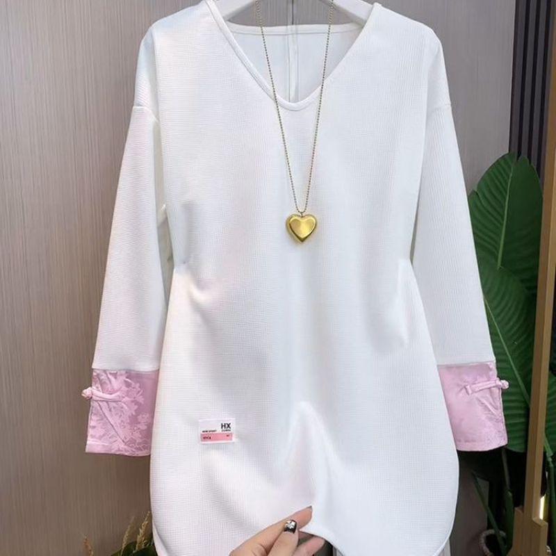 Women's Plus Size Chinese Style Long Sleeve T-shirt - Early Spring, Loose Slimming Mid-length Top