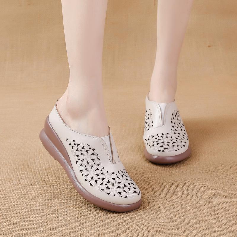Top Layer Cowhide Sponge Sole Heightened Women's Shoes Casual Leather Hollow Women's Slippers Middle-aged Breathable and Comfortable Hole Shoes