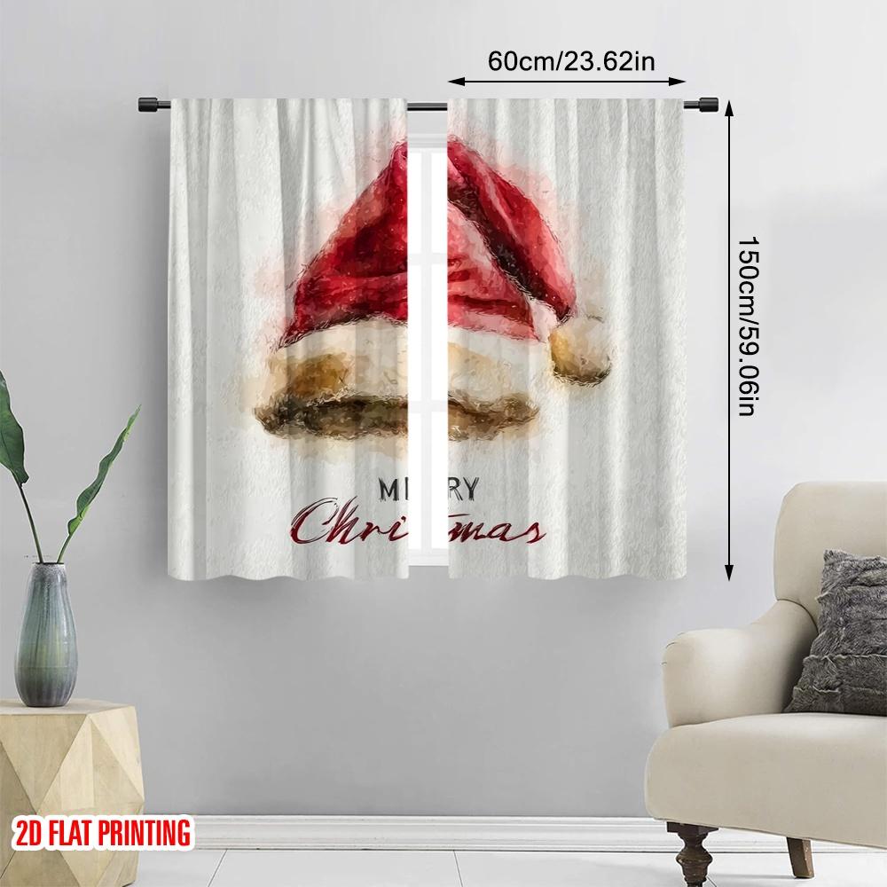 2pcs,2D Plane Printing Contemporary Curtains Vintage Santa Hat Polyester Fabric (without Rod) Festive Use for Bedroom, Living